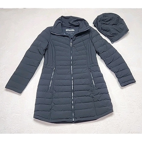 MK Michael Kors Packable Down Fill Coat Black Med With Removable Hat - Picture 1 of 12